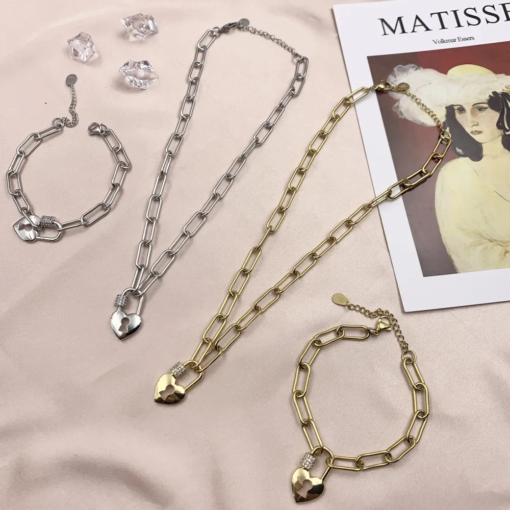 BAC7068-Cuore Lucchetto Zirconia-Bracciale in Acciaio_2