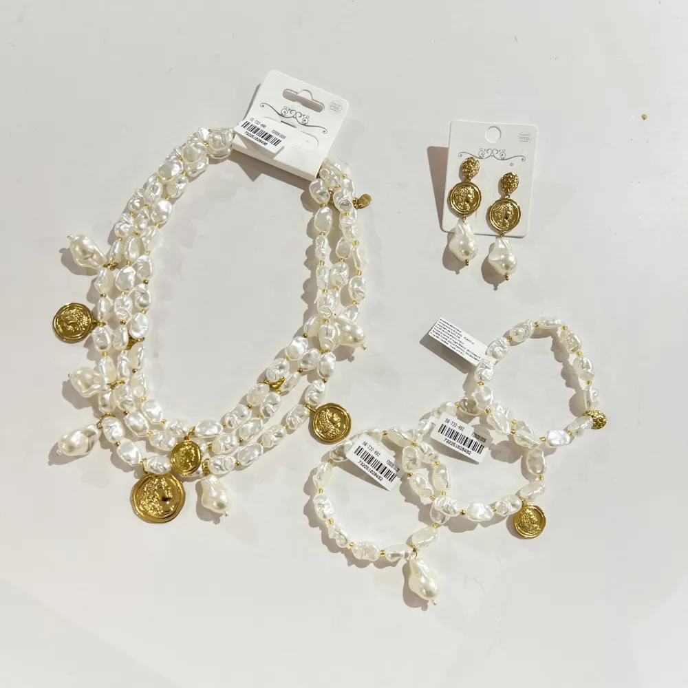 Set 3pz Moneta Regina Perla -Bracciale Elastico in Acciaio - BR-732-492