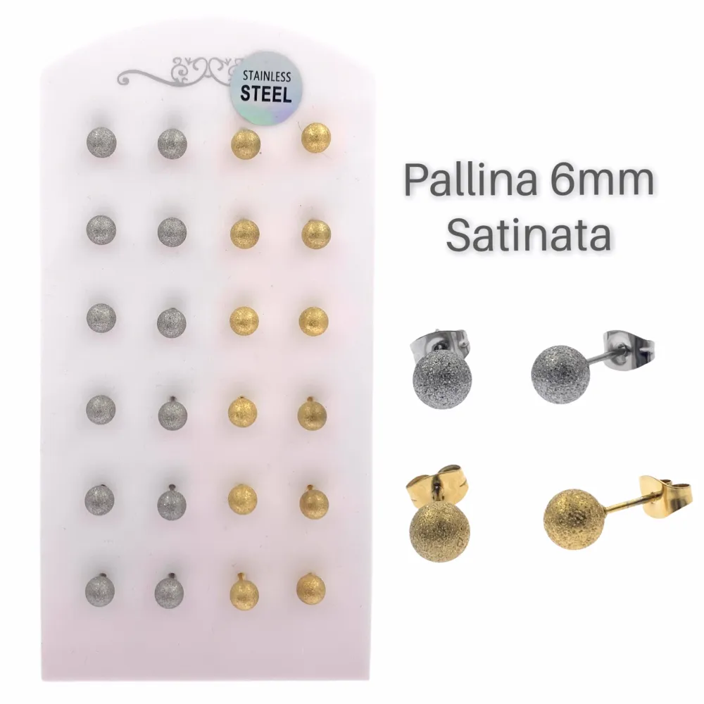 OPA450-204-Pallina 6mm Satinato-12 Paia Orecchini in Acciaio