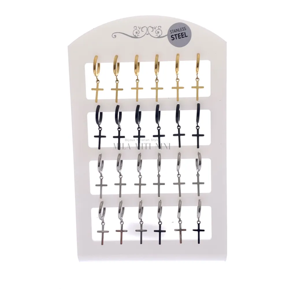 OPA450-246-Cerchio 2x10 con Croce -12 Paia Orecchini in Acciaio