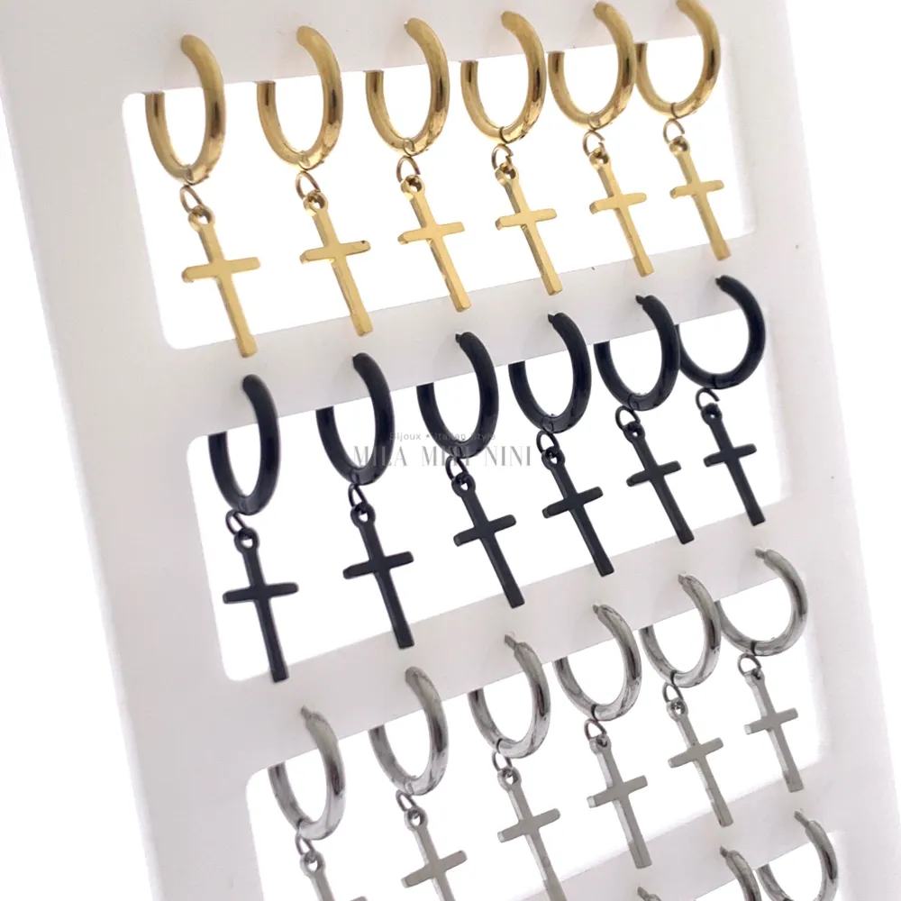 OPA450-246-Cerchio 2x10 con Croce -12 Paia Orecchini in Acciaio