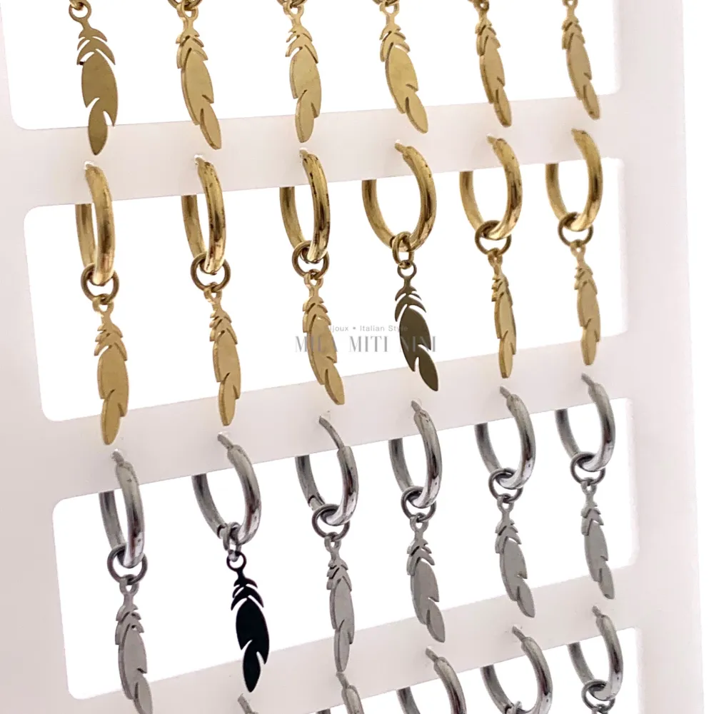 OPA450-244-Cerchio 2x10 con Piuma -12 Paia Orecchini in Acciaio