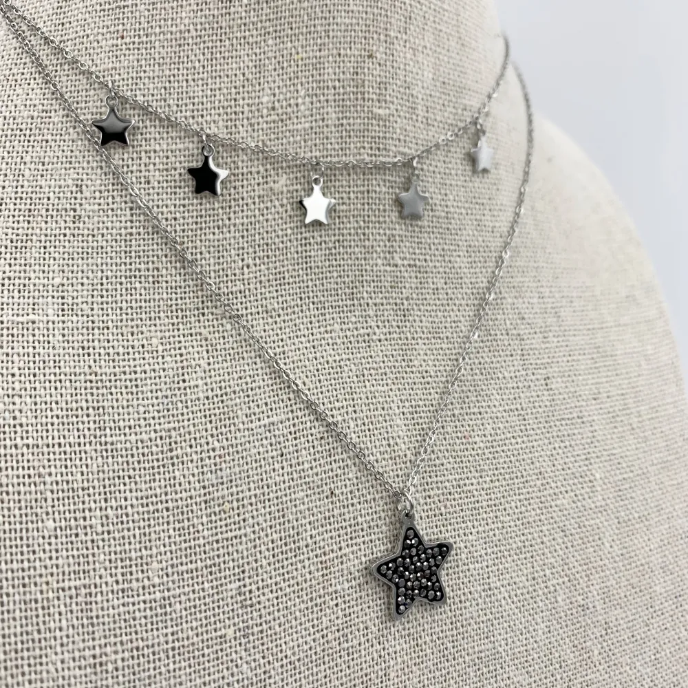 CAC4662-Stelle strass - Collana  Corta Multifilo in Acciaio