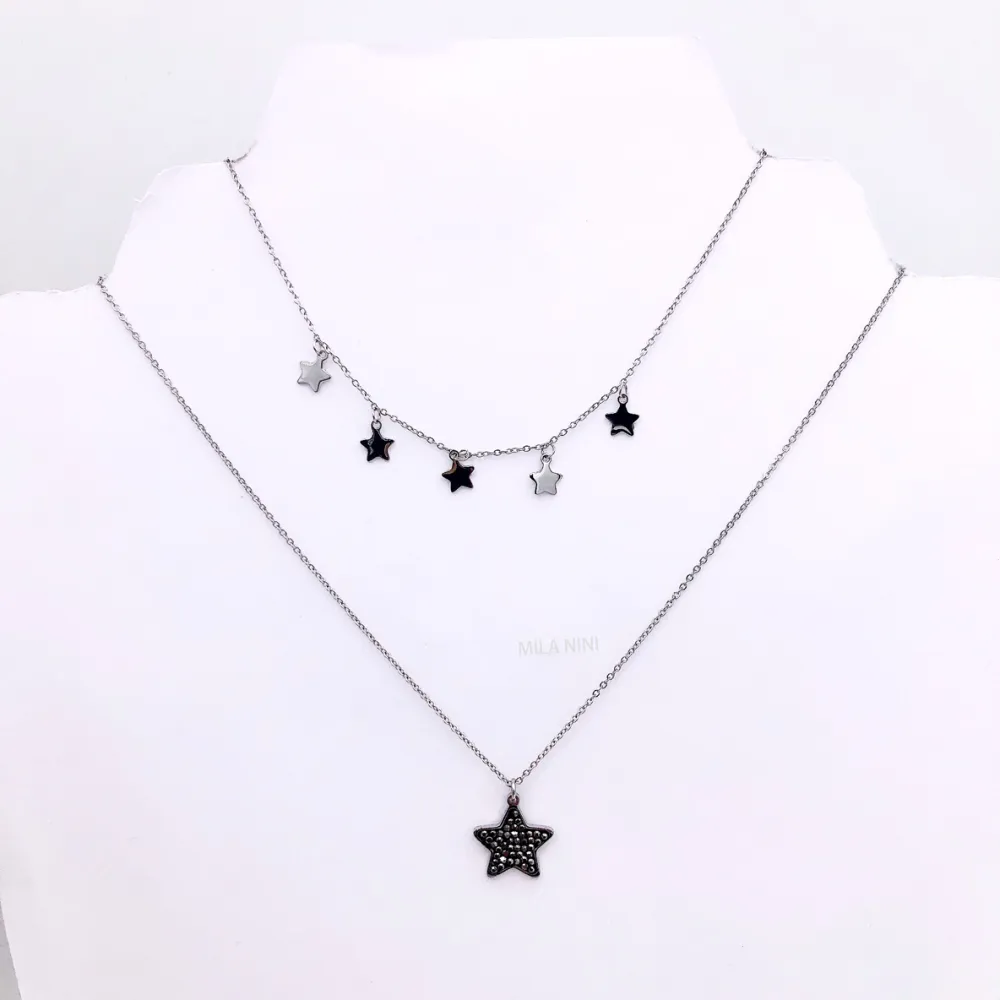 CAC4662-Stelle strass - Collana  Corta Multifilo in Acciaio