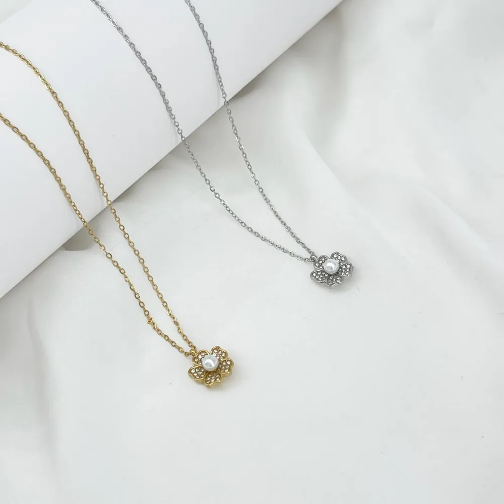 Fiore con Perla-Collana Corta in Acciaio - CL-795-10610