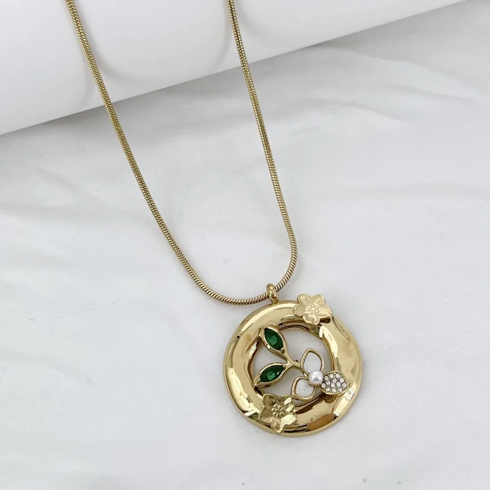 Cerchio con Fiore-Collana Lunga in Acciaio - CL-795-10545