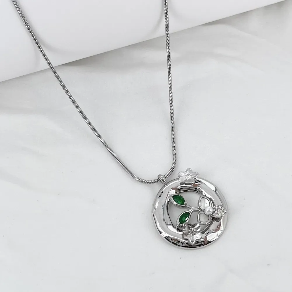 Cerchio con Fiore-Collana Lunga in Acciaio - CL-795-10545