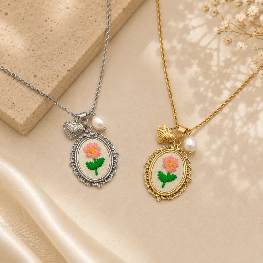 Fiore ricamato-Collana lunga in Acciaio - CL-413-3805