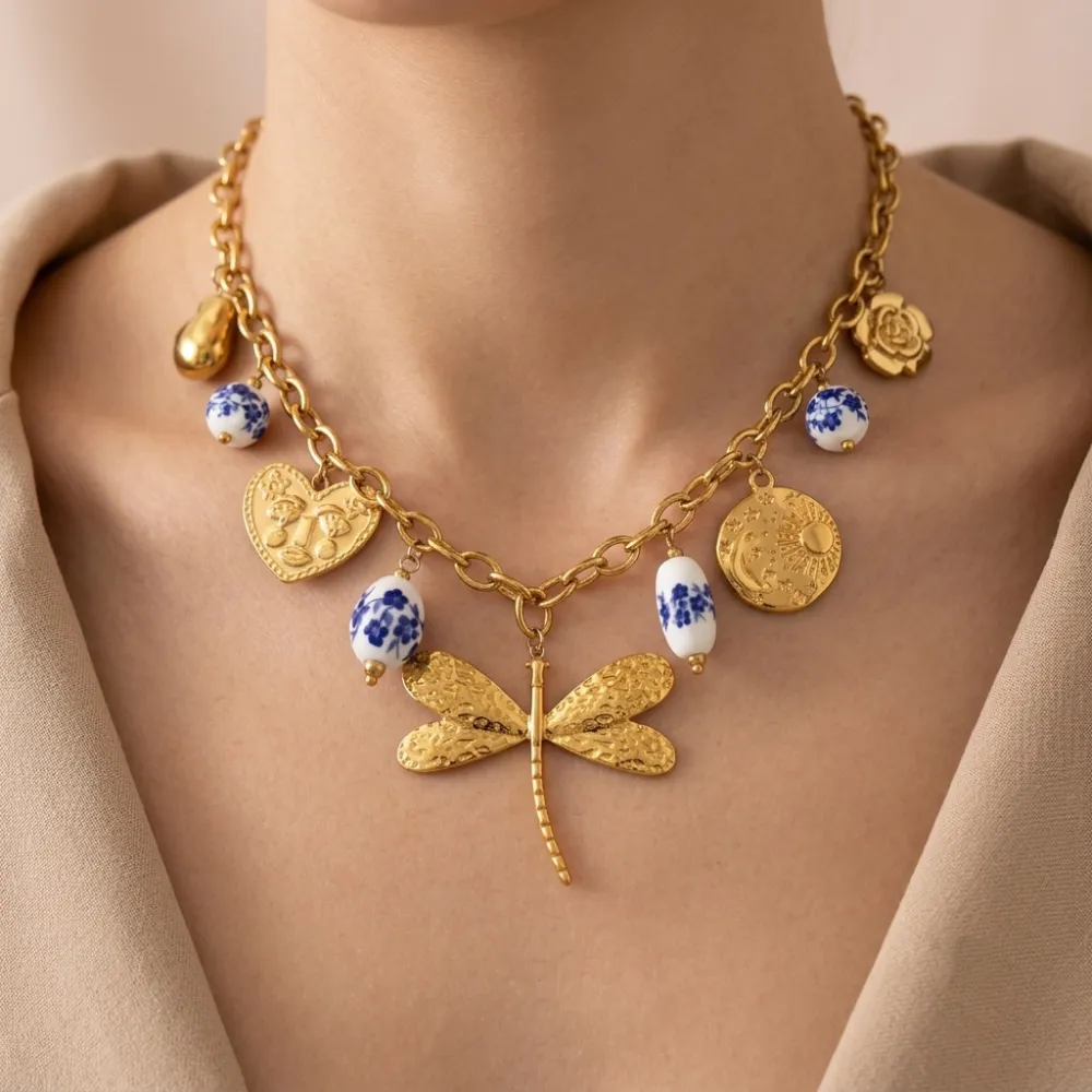 Libellula e ceramica-Collana corta in Acciaio - CL-413-3817