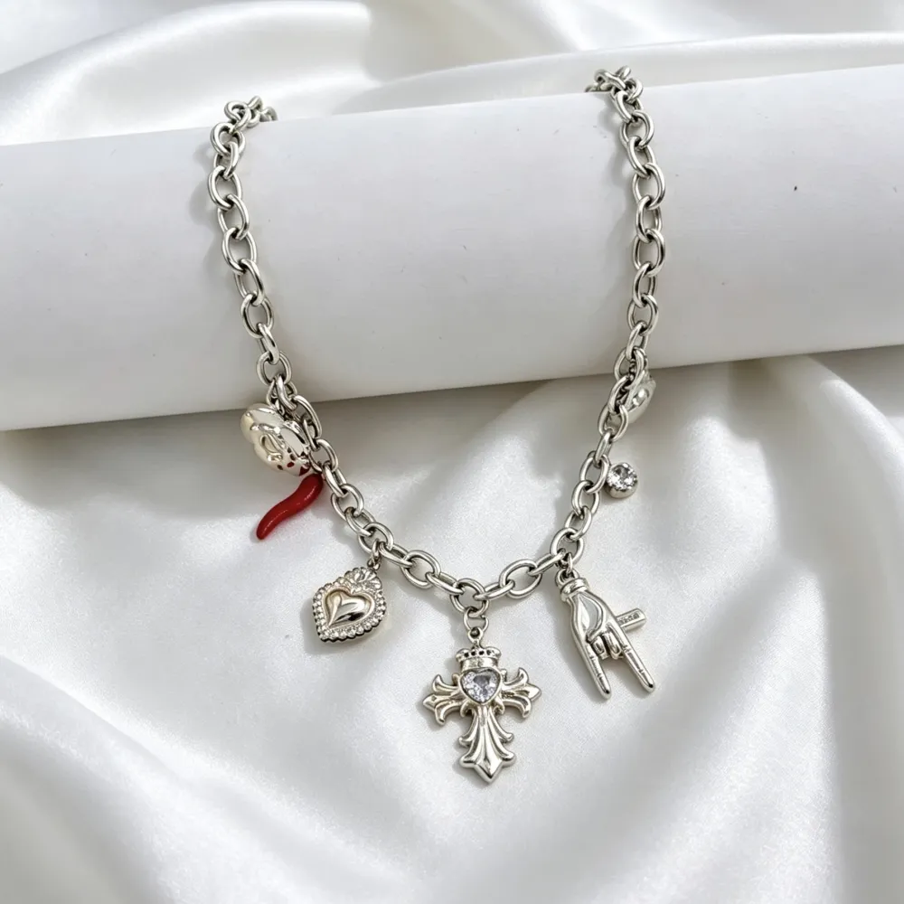 Croce, cornino, sacro cuore -Collana corta in Acciaio - CL-103-AA6861N