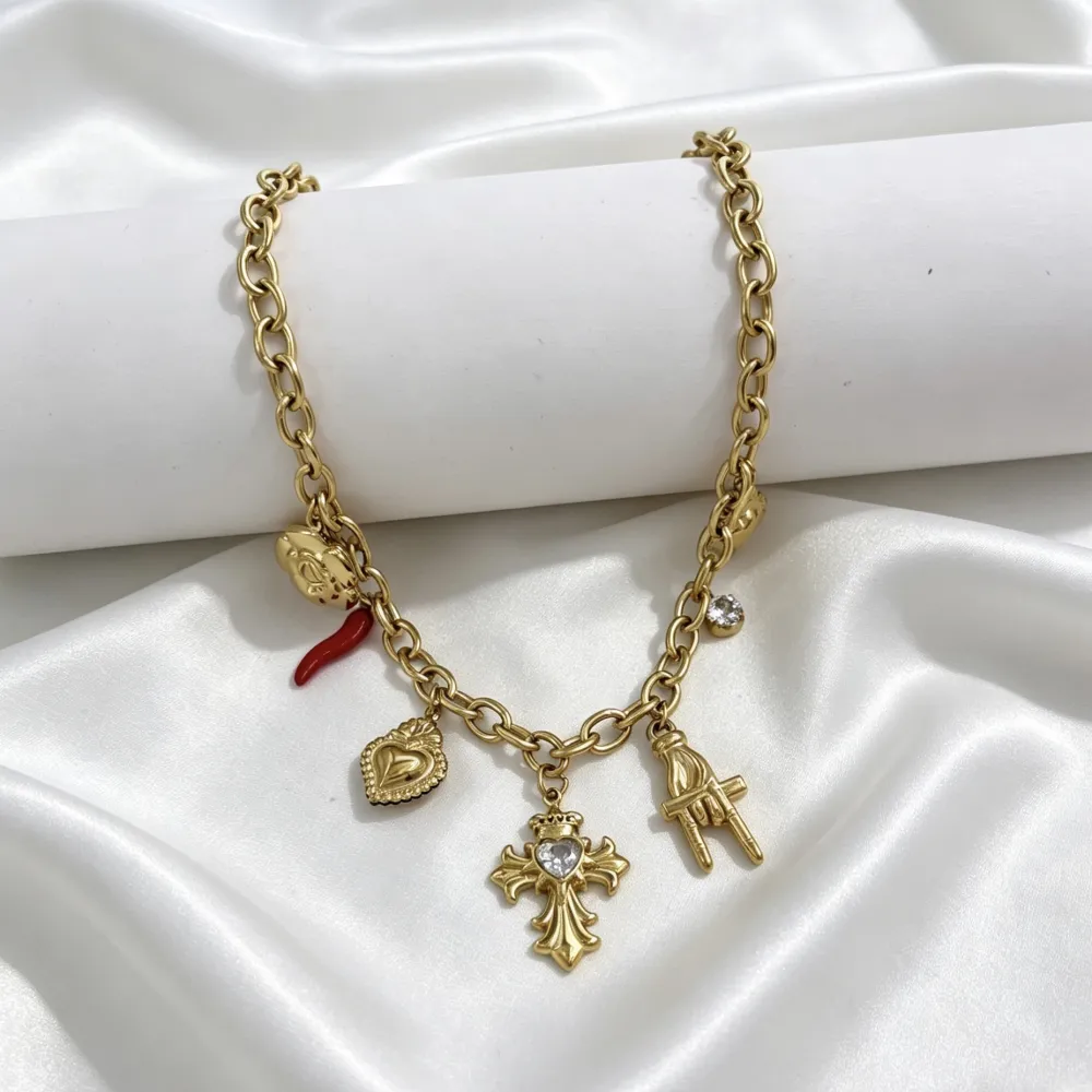 Croce, cornino, sacro cuore -Collana corta in Acciaio - CL-103-AA6861N