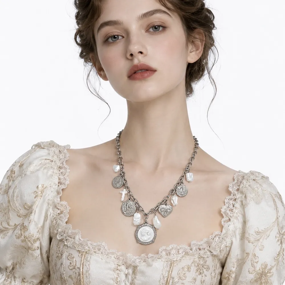 Dama, perla, moneta -Collana corta in Acciaio - CL-794-98