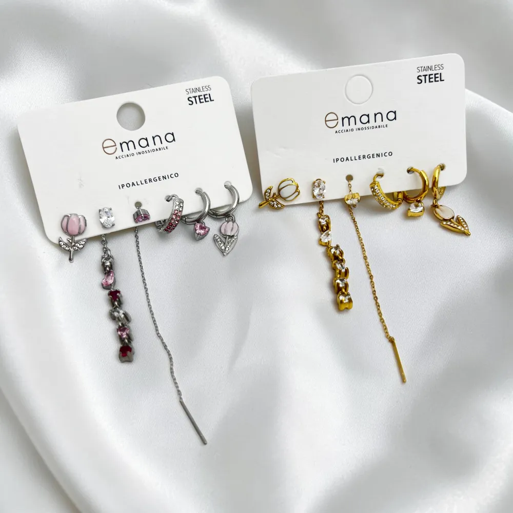 Tulipano-Set 6pz Orecchini in Acciaio e Zirconia - OR-103-AA7036E