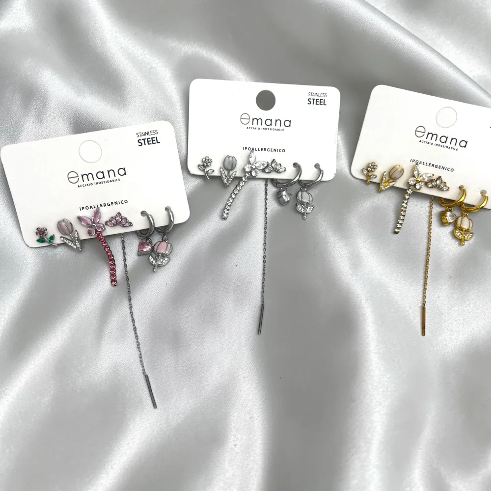Tulipano, farfalla-Set 6pz Orecchini in Acciaio e Zirconia - OR-103-AA7172E