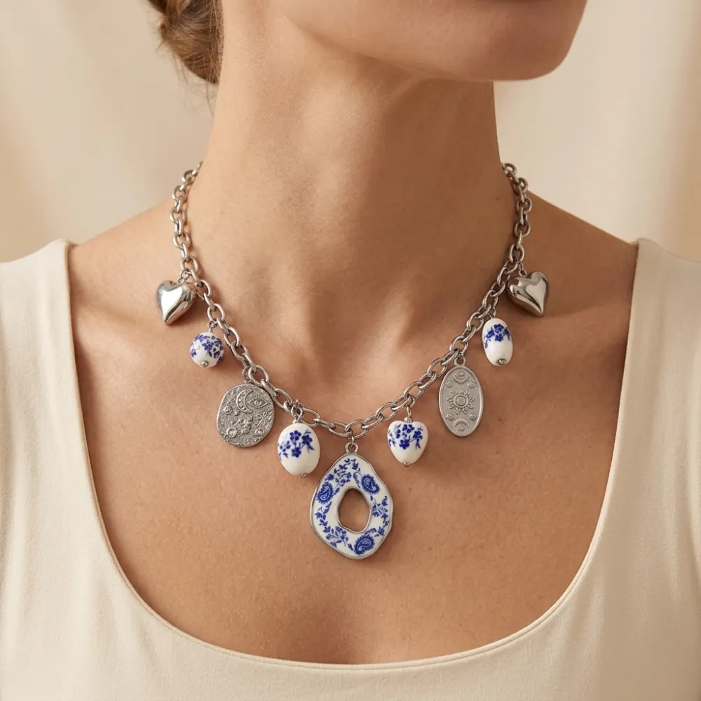 Ceramica, Sole, Luna, Cuore-Collana corta in Acciaio - CL-413-3815