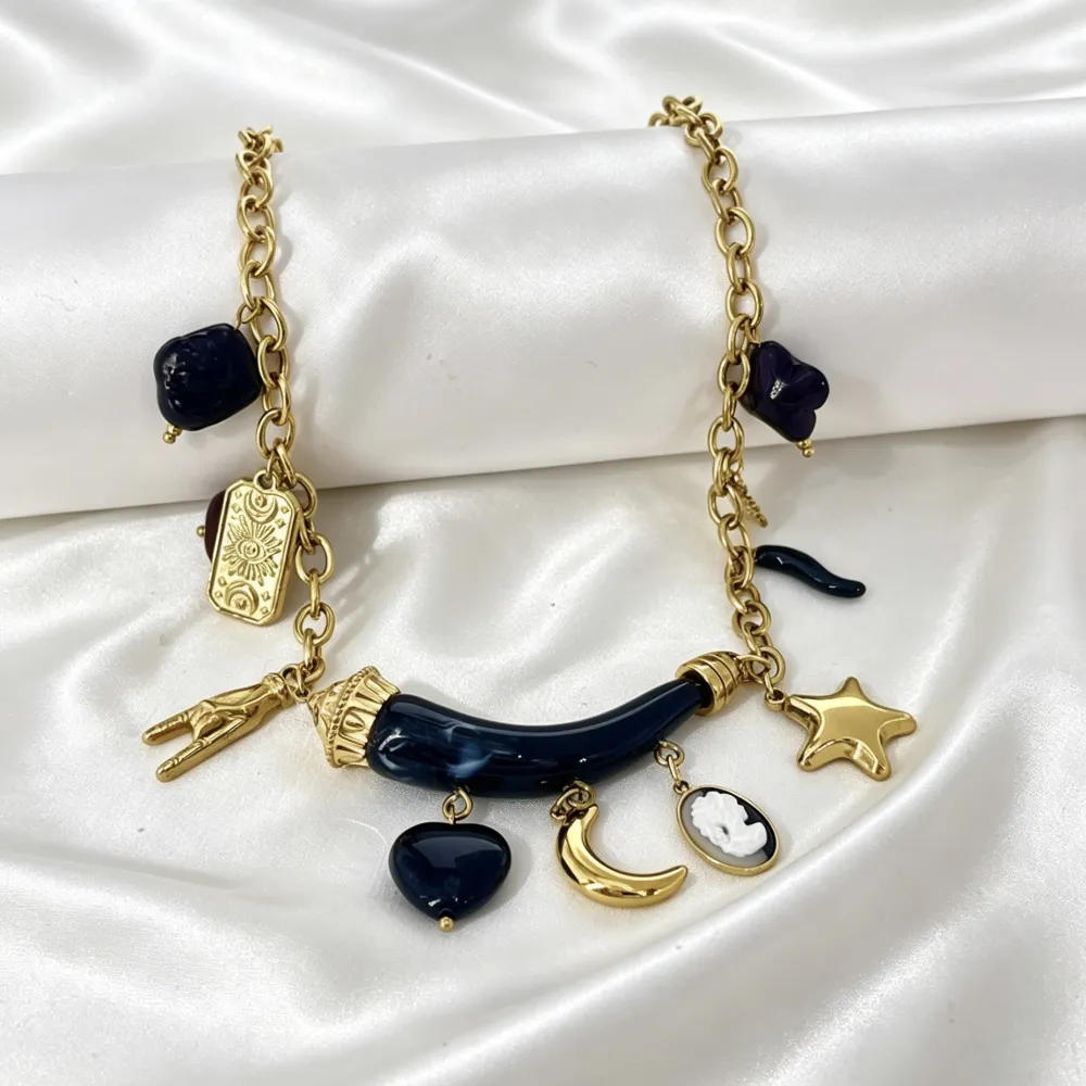Corno Con Pendenti-Collana Corta Moda in Acciaio - CAC-732-725