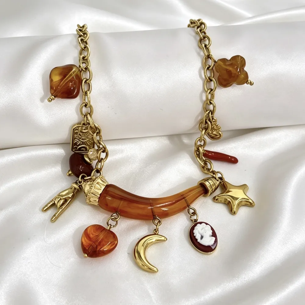 Corno Con Pendenti-Collana Corta Moda in Acciaio - CAC-732-725