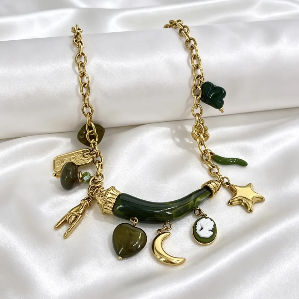 Corno Con Pendenti-Collana Corta Moda in Acciaio - CAC-732-725
