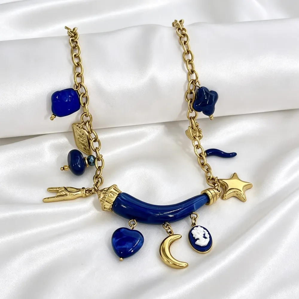 Corno Con Pendenti-Collana Corta Moda in Acciaio - CAC-732-725