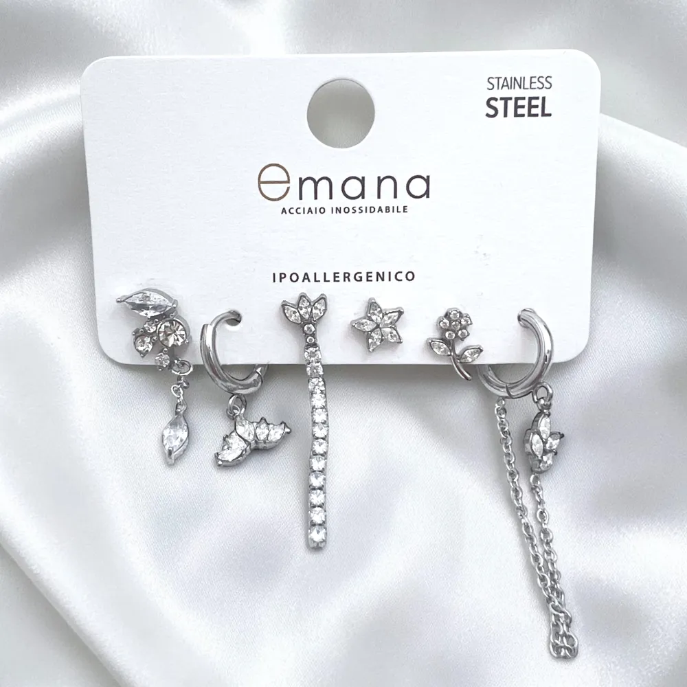 Fiore, stella-Set 6pz Orecchini in Acciaio e Zirconia - OR-103-AA7035E