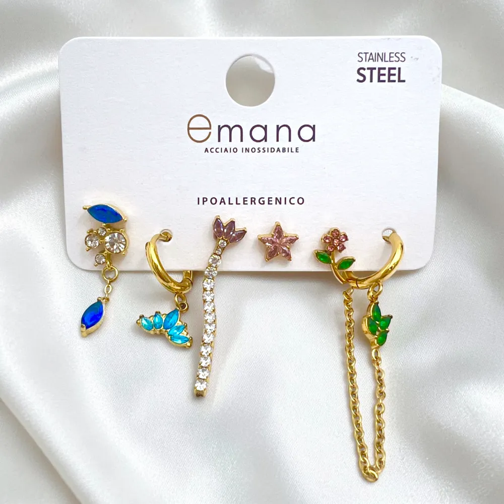 Fiore, stella-Set 6pz Orecchini in Acciaio e Zirconia - OR-103-AA7035E