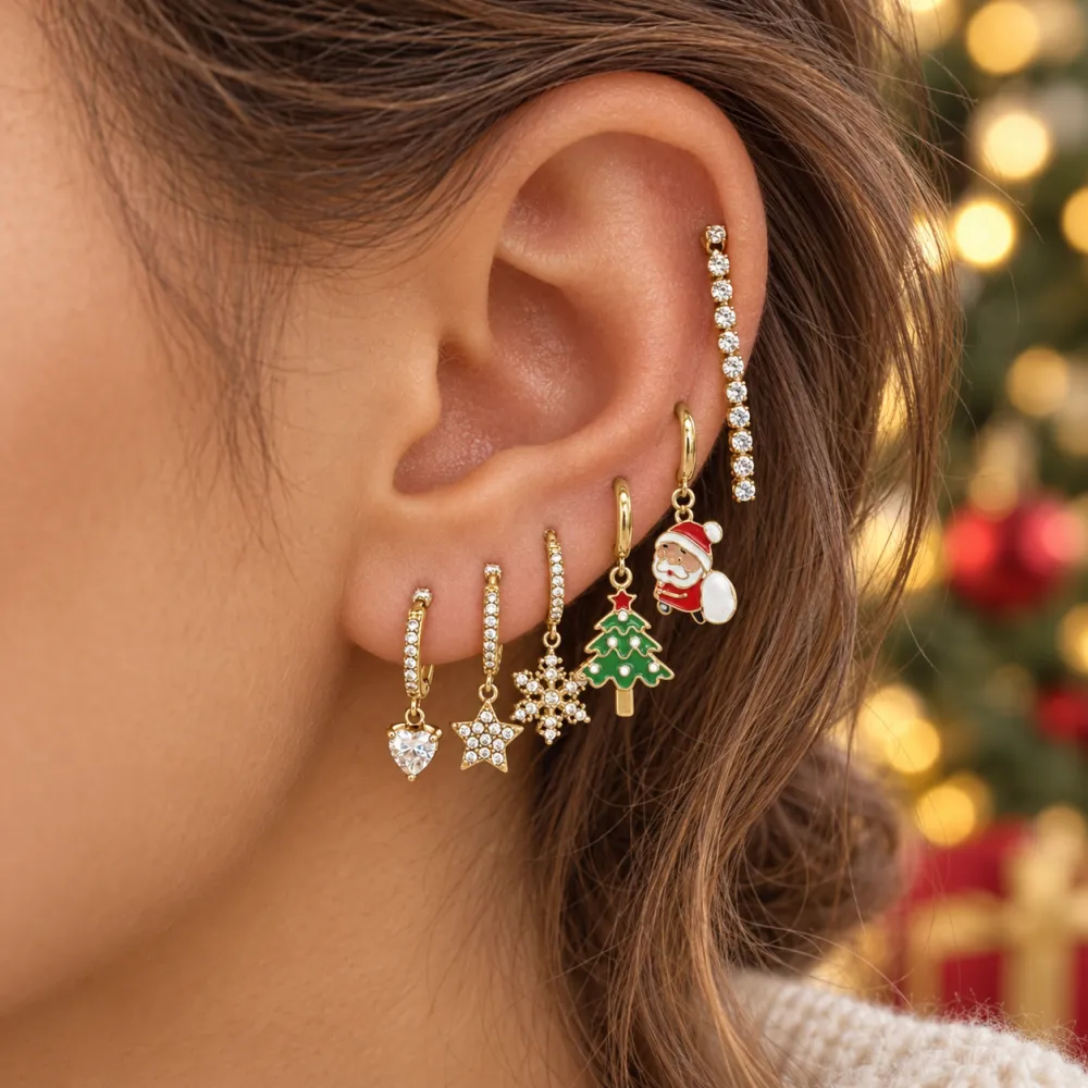 Babbo Natale, Albero di Natale, Fiocco di Neve, Tennis-Set 6pz Orecchini in Acciaio e Zirconia - OR-103-AA7322E