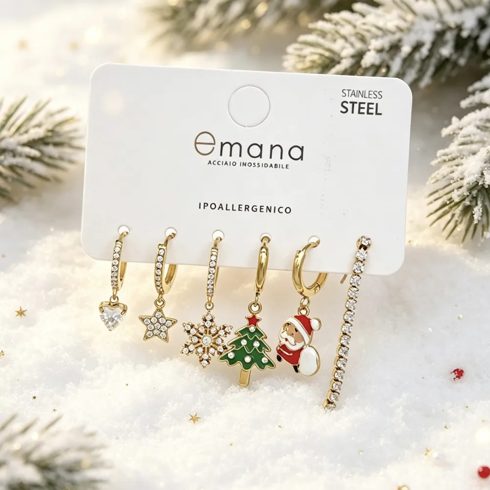 Babbo Natale, Albero di Natale, Fiocco di Neve, Tennis-Set 6pz Orecchini in Acciaio e Zirconia - OR-103-AA7322E