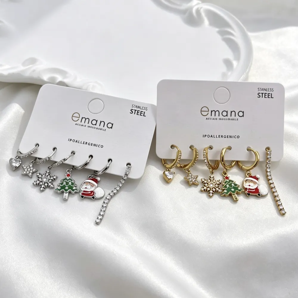 Babbo Natale, Albero di Natale, Fiocco di Neve, Tennis-Set 6pz Orecchini in Acciaio e Zirconia - OR-103-AA7322E