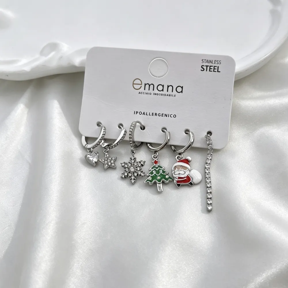 Babbo Natale, Albero di Natale, Fiocco di Neve, Tennis-Set 6pz Orecchini in Acciaio e Zirconia - OR-103-AA7322E