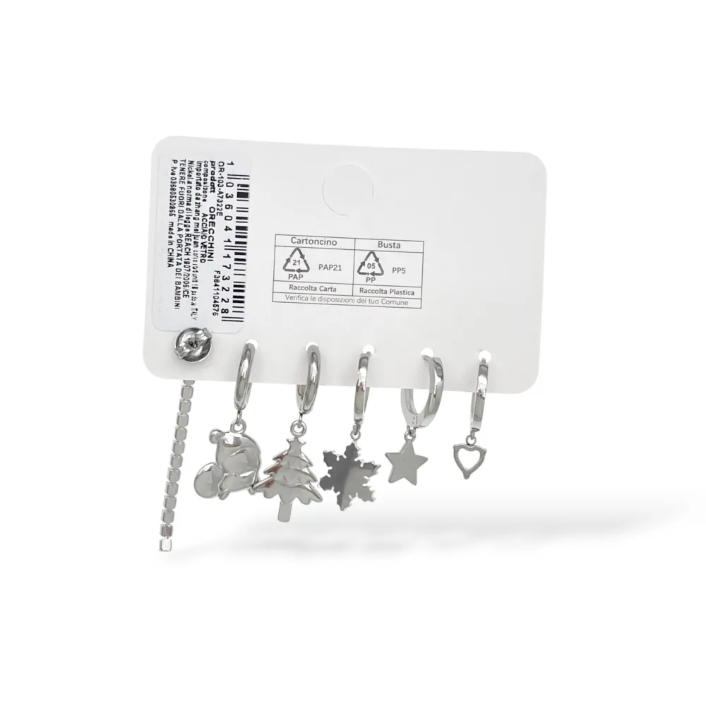 Babbo Natale, Albero di Natale, Fiocco di Neve, Tennis-Set 6pz Orecchini in Acciaio e Zirconia - OR-103-AA7322E