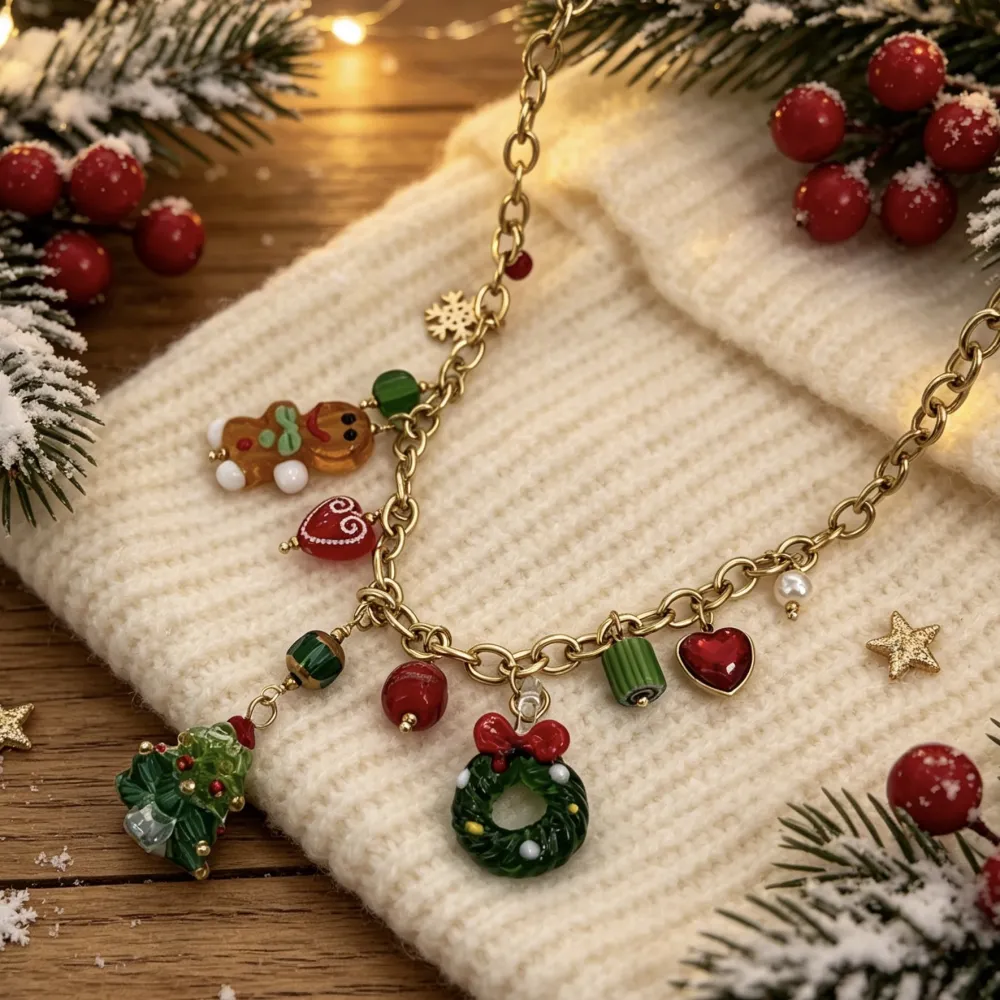 Omino di Pan di Zenzero, Albero e Ghirlanda-Collana Corta Moda in Acciaio - CAC-794-165