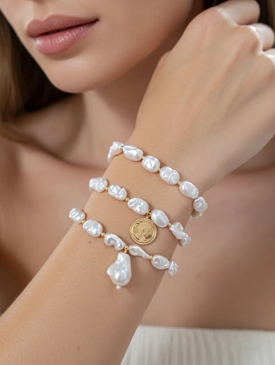 Set 3pz Moneta Regina Perla -Bracciale Elastico in Acciaio - BR-732-492