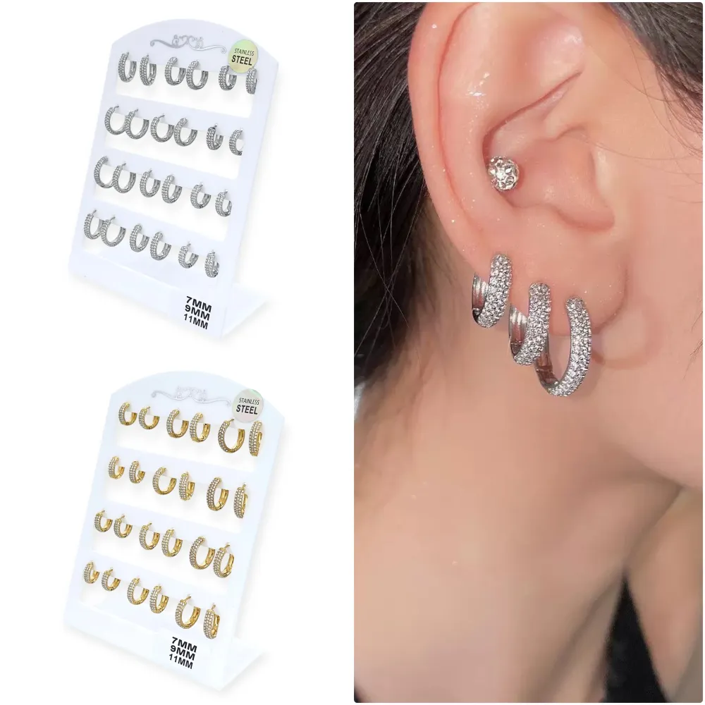 Cerchi a Scalare 7-8-9mm con zirconi-24pz Orecchini in Acciaio - OR-103-AA4657E/7-11MM