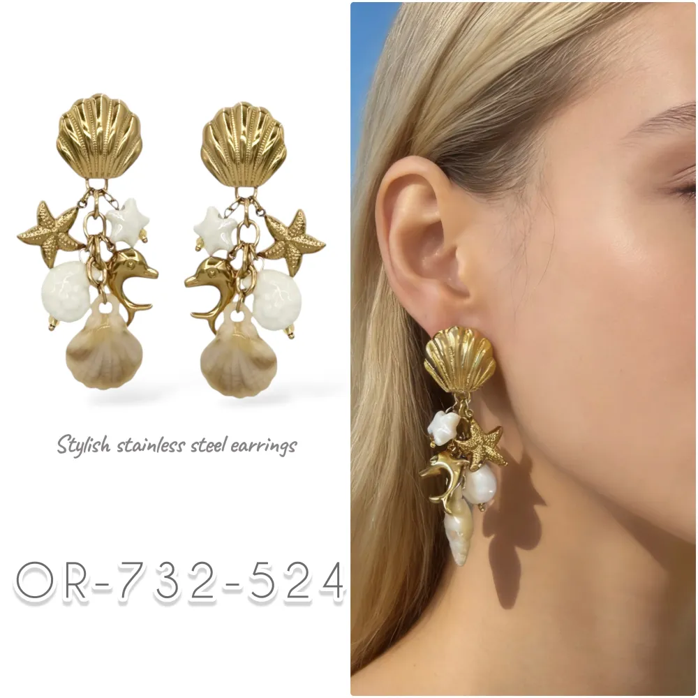 [OR-732-524] Stella Marina Delfino Conchiglia-Orecchini in Acciaio - OR-732-524