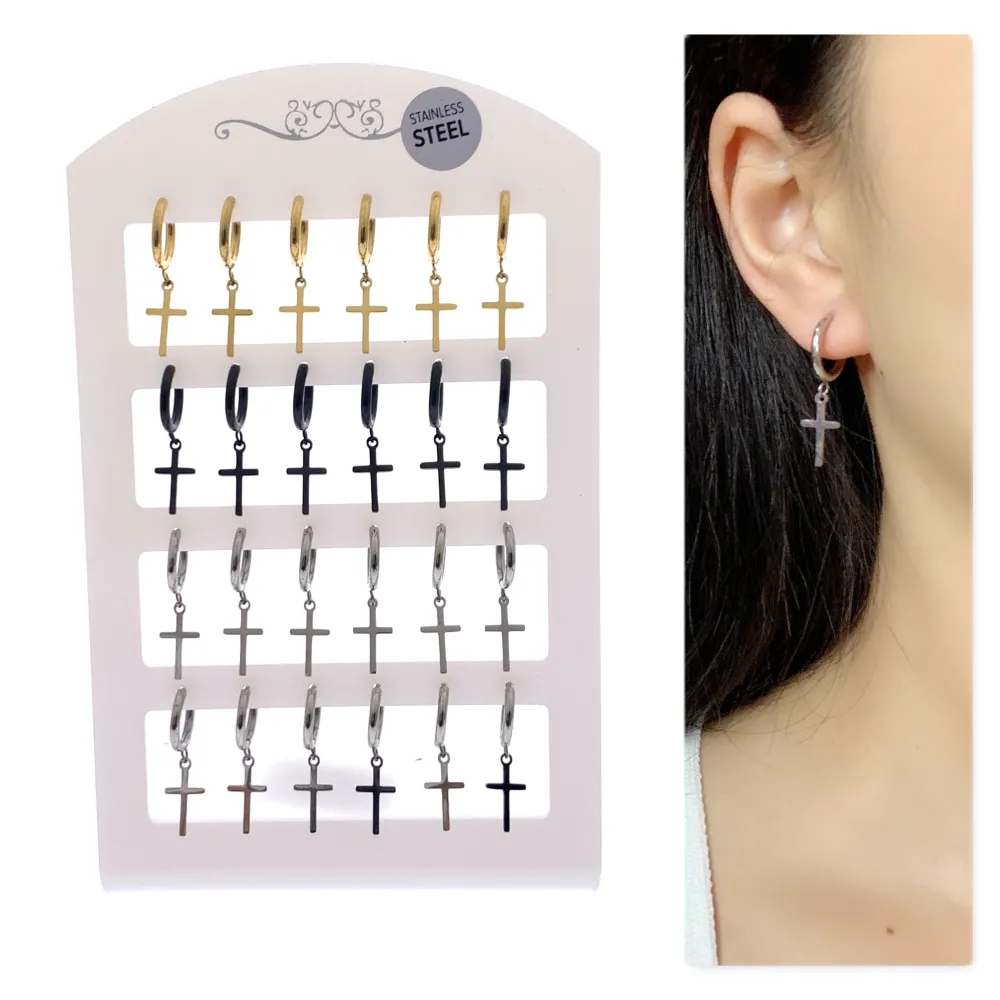 [OPA450-246-Cerchio 2x10 con Croce -12 Paia Orecchini in Acciaio] OPA450-246-Cerchio 2x10 con Croce -12 Paia Orecchini in Acciaio