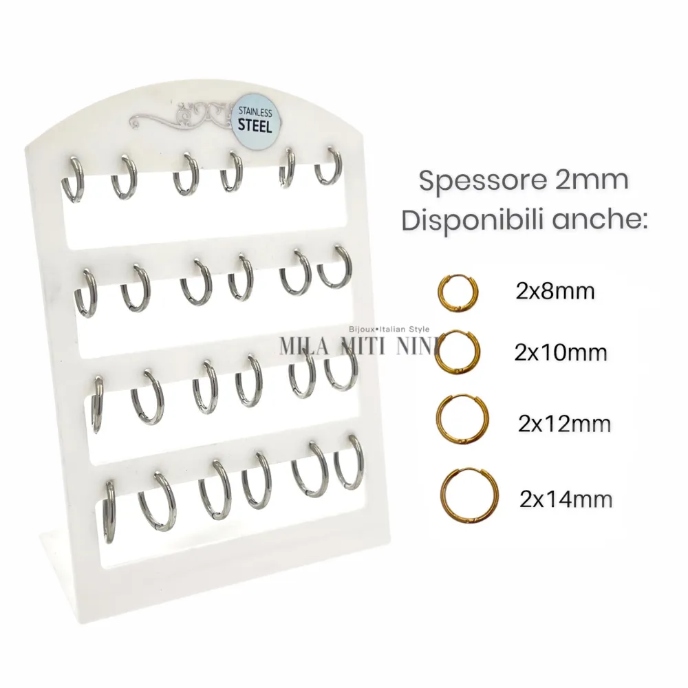 OPA450-Cerchi 2mm-12 Paia Orecchini in Acciaio