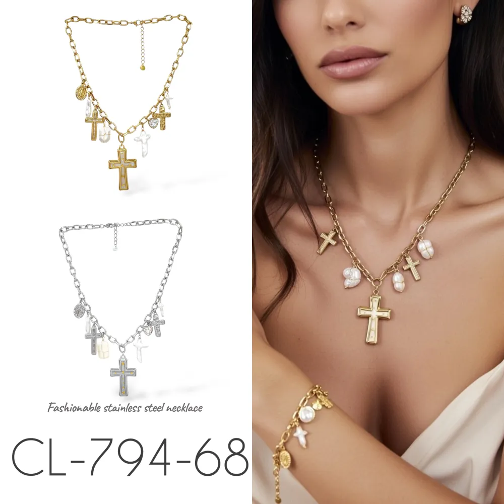 Croce-Collana Corta in Acciaio - CL-794-68 (Argento)