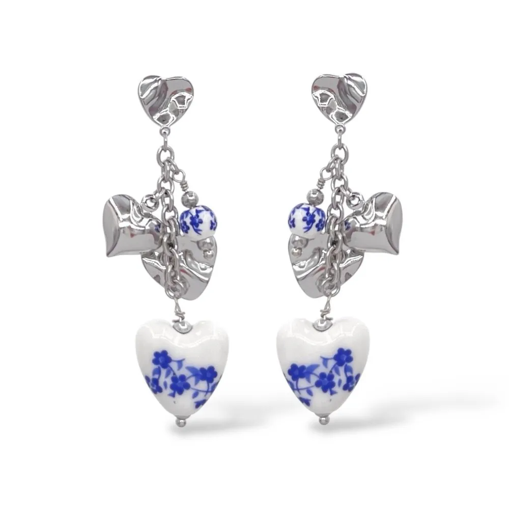 [OR-794-85] Porcellana blu e bianca e cuore-Orecchini in Acciaio - OR-794-85 (Argento)