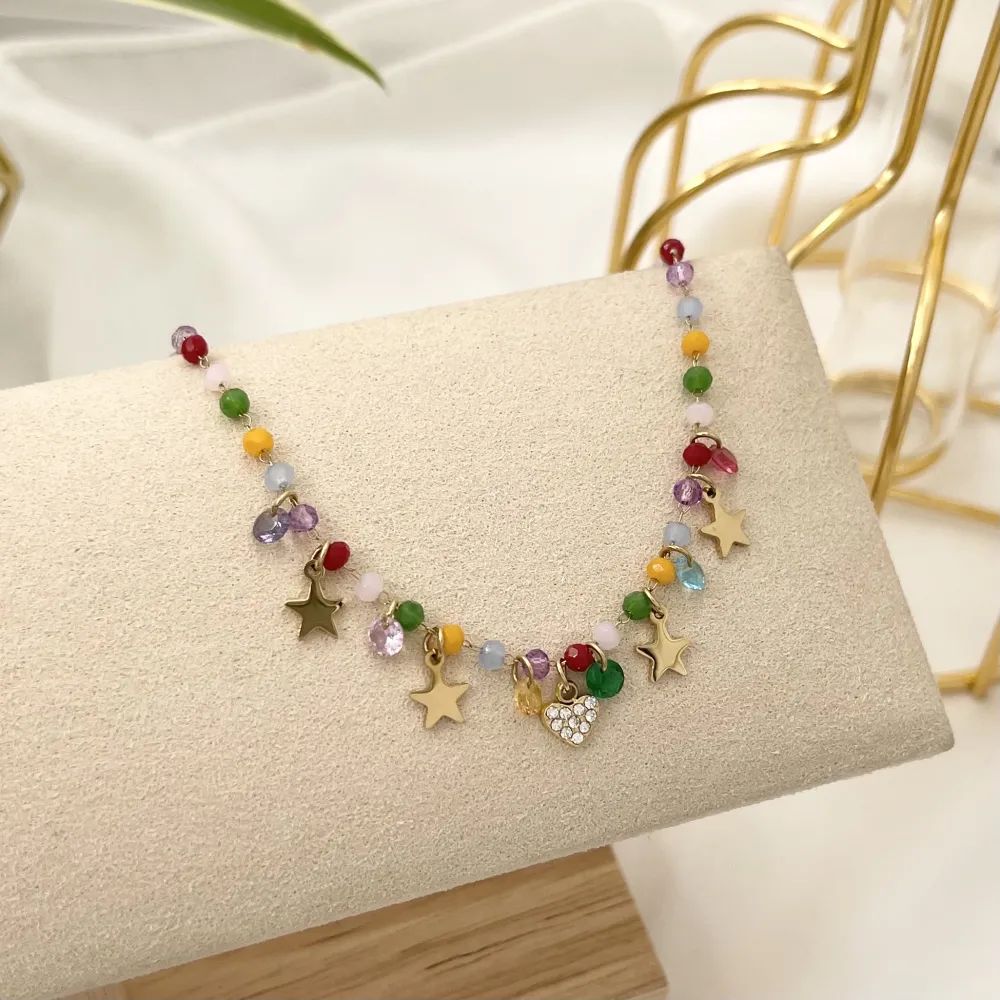 Perline Colorate con Cuore e stelline-Bracciale in Acciaio con Chiusura - BR-103-AA1727B (Multicolore/Oro)