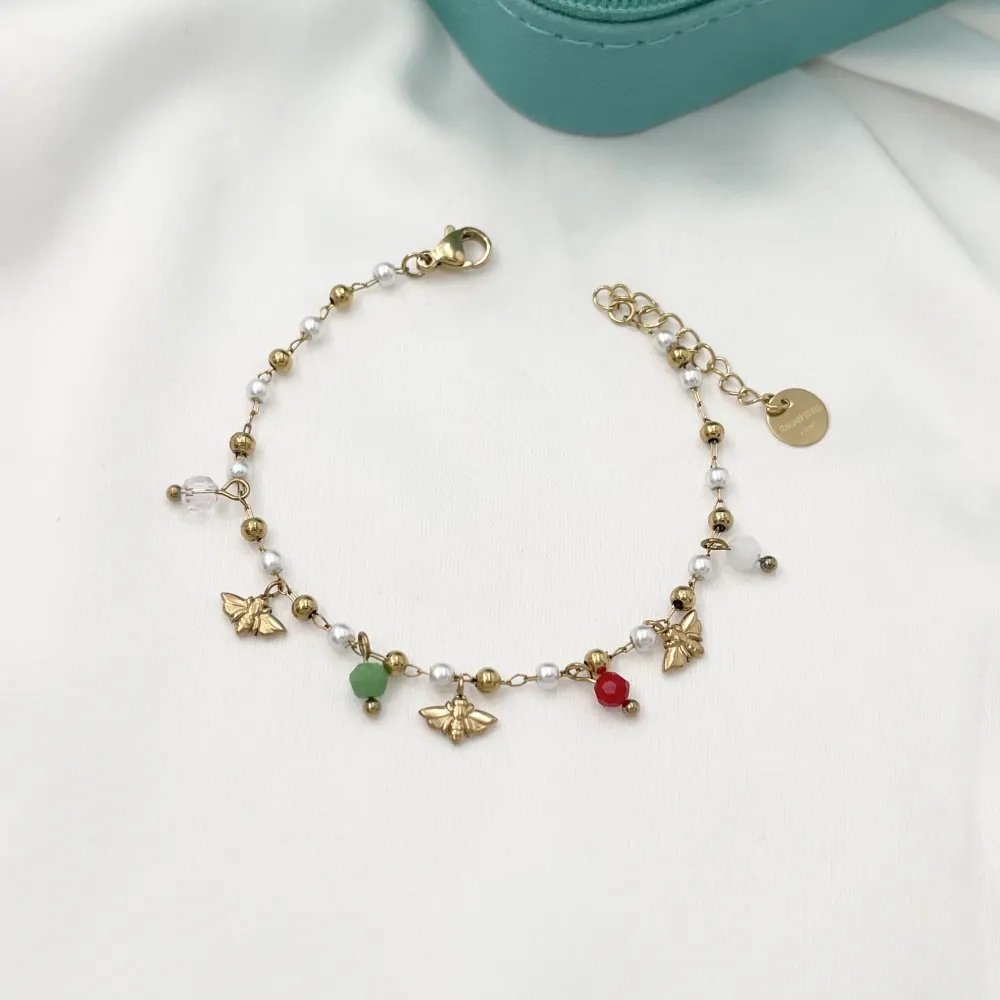 Perline Colorate con le Api-Bracciale in Acciaio con Chiusura - BR-103-AA985B (Bianco/Oro)