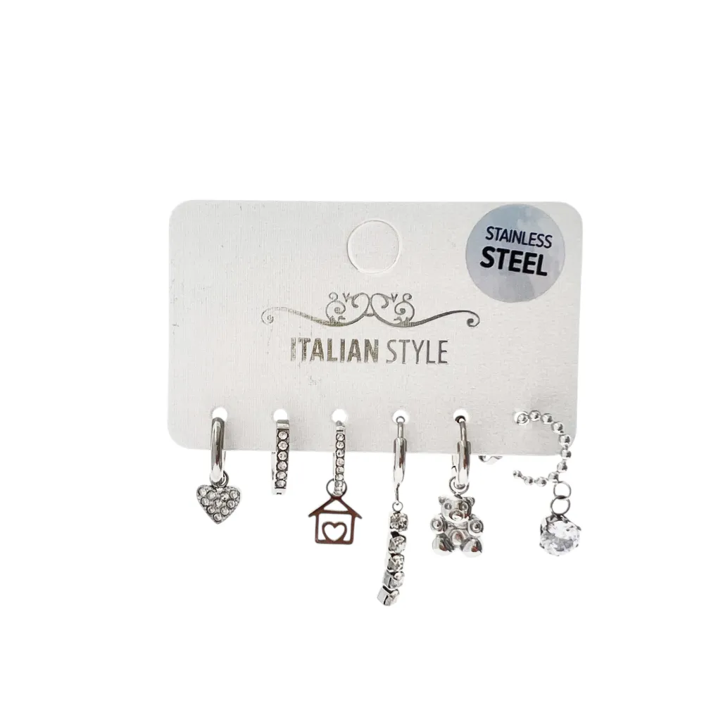 Cuore Orsetto Casa Tennis-Set 6pz Orecchini in Acciaio e Zirconia - OPA-103-AA2457E (Argento)