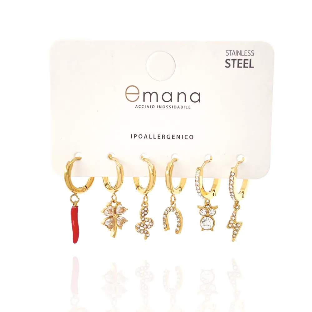 Cornino, quadrifoglio, serpente, ferro di cavallo, gufo e fulmine - Set 6pz Orecchini in Acciaio - OR-103-AA3327E (Oro Giallo)