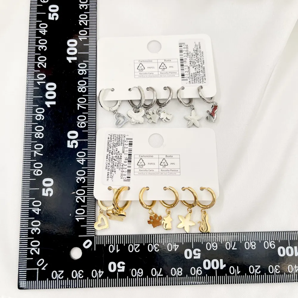 Cuore, farfalla, zampa, fiore, orsetto- Set 6pz Orecchini in Acciaio - OR-103-AA3328E (Oro Giallo)