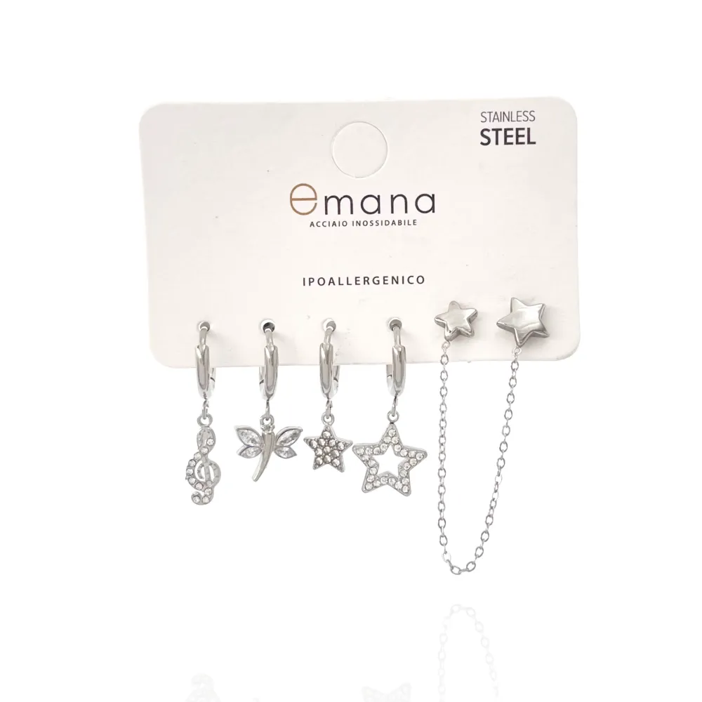 Stella, farfalla-Set 6pz Orecchini in Acciaio - OR-103-AA3337E (Argento)