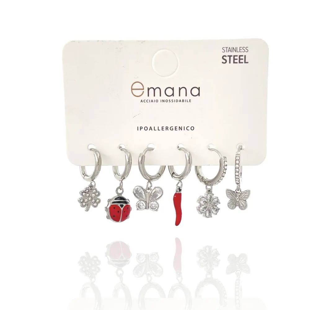 Quadrifoglio, farfalla, coccinella, cornino, cerchio-Set 6pz Orecchini in Acciaio - OR-103-AA3339E (Argento)
