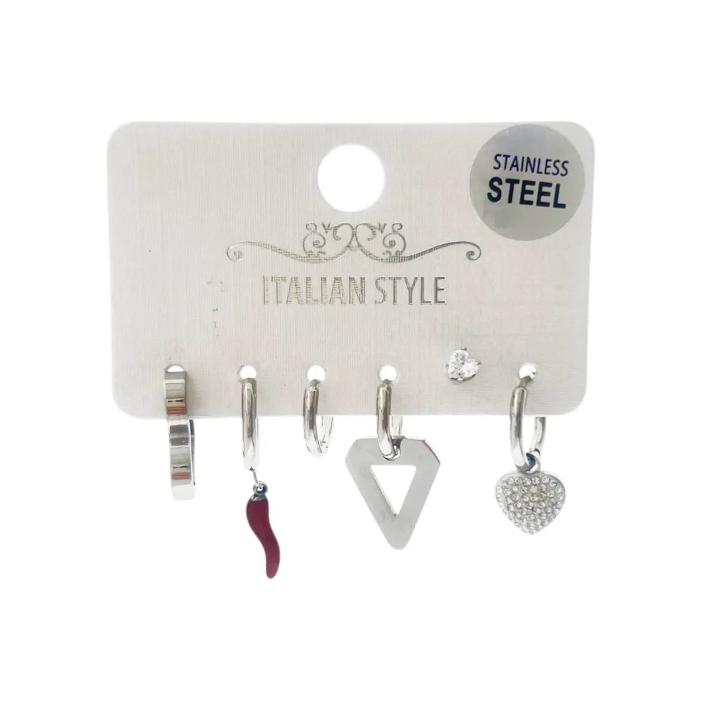 Cuore con Strass-Set 6pz Orecchini acciaio - OR-450-422-423 (Argento)