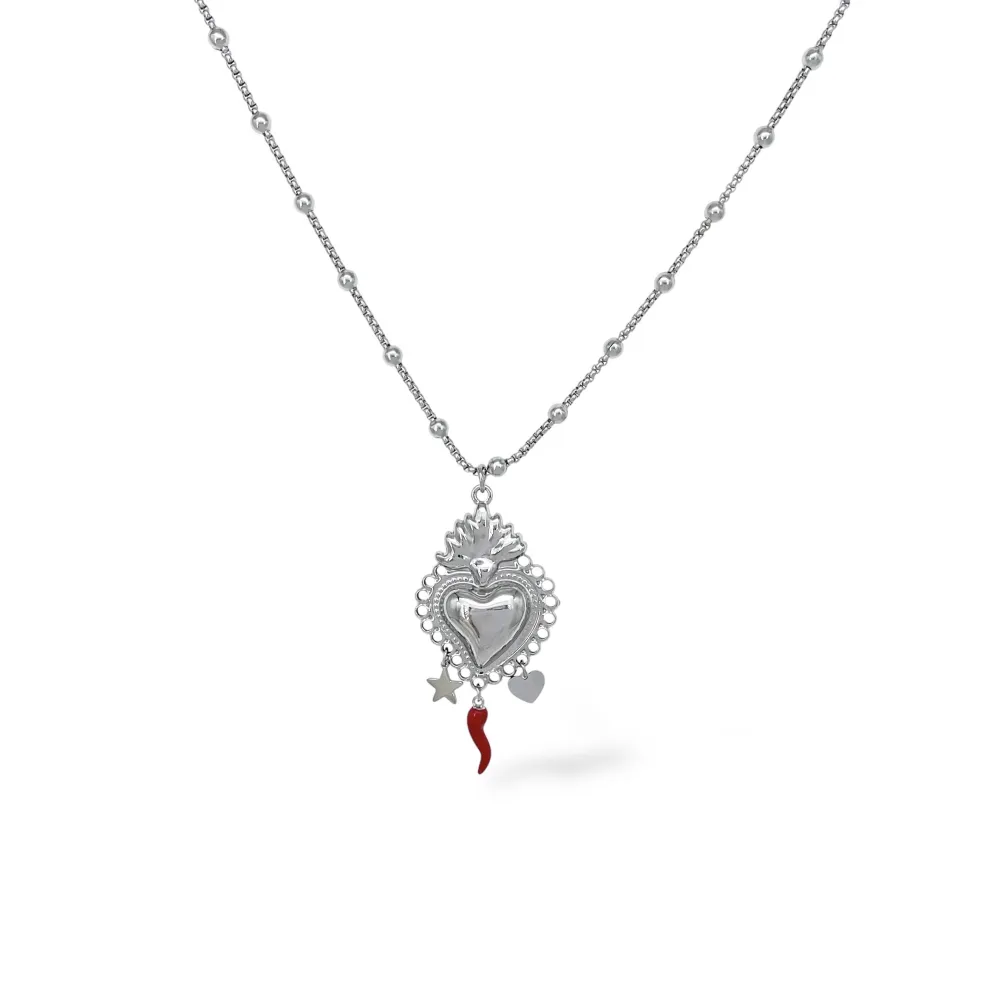 Cuore con cornino -Collana lunga in Acciaio 65+5cm - CL-103-AA6851N (Argento)