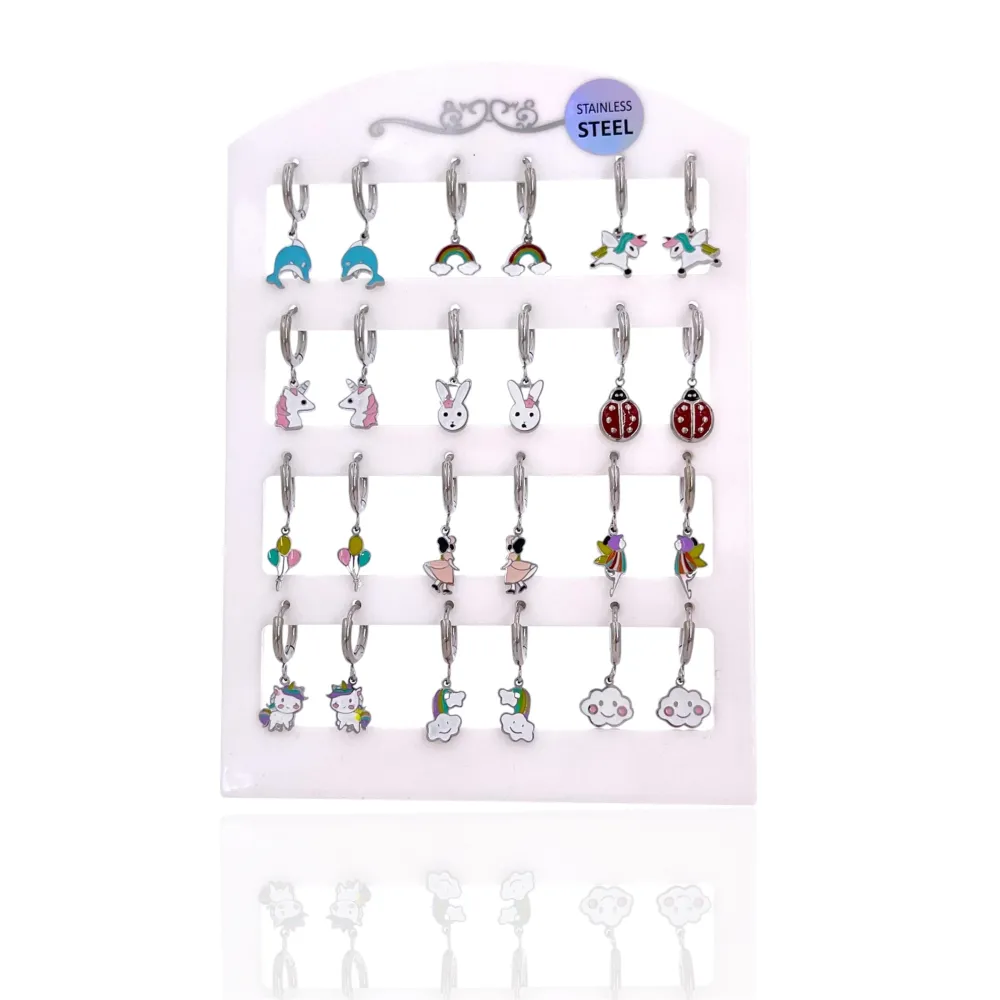 Delfino,arcobaleno, unicorno, coniglio -24pz Orecchini in Acciaio - OR-413-2530 (Argento)