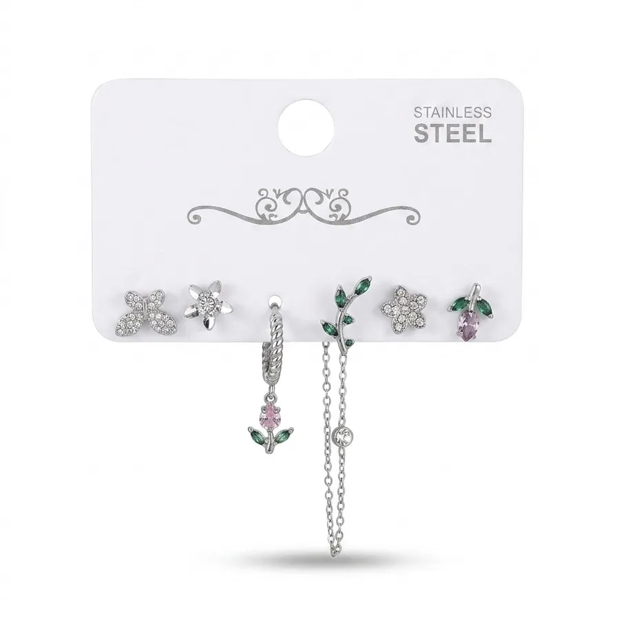 Tulipano Fiore Set 6pz  Orecchini  in Acciaio - OR-795-19750 (Argento)