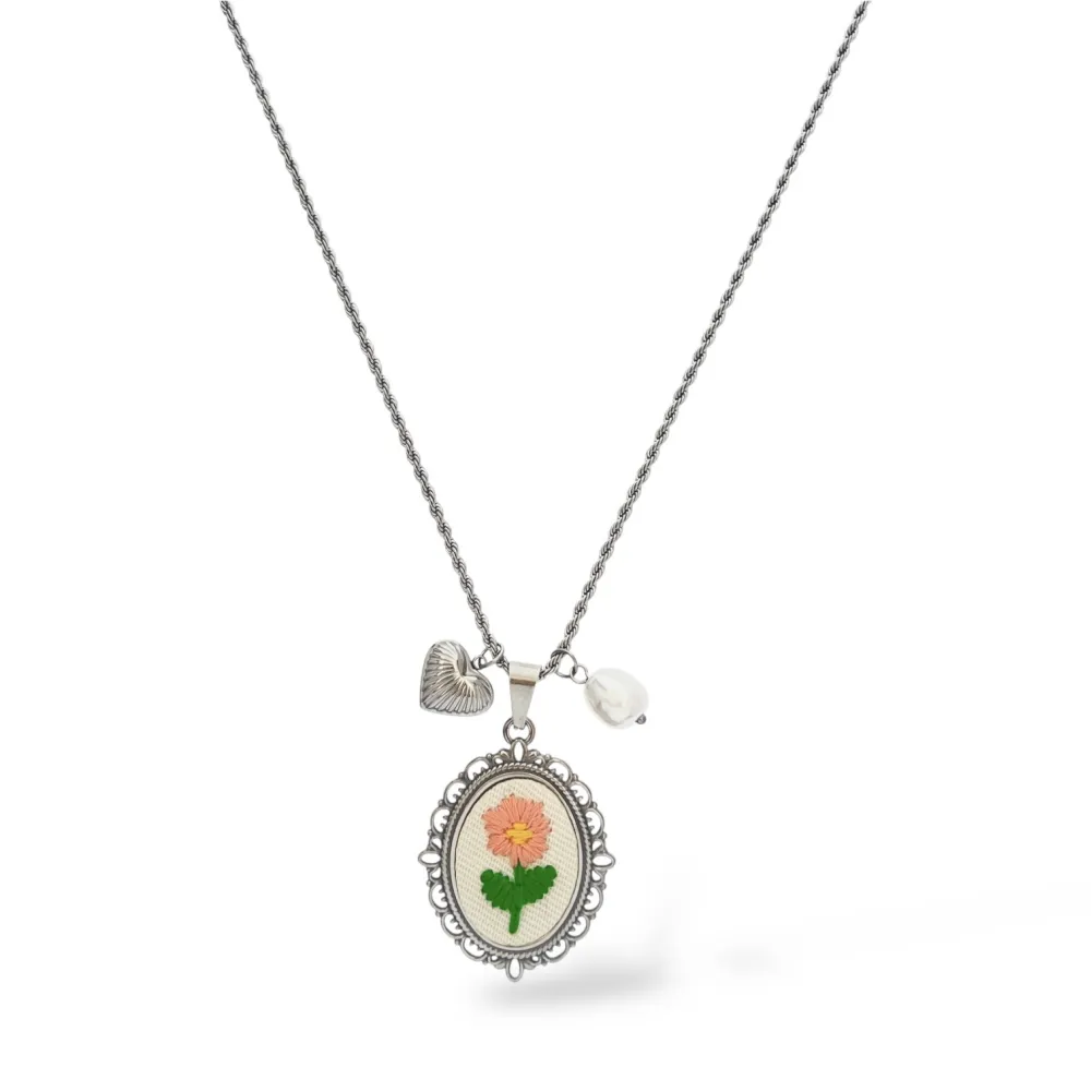 Fiore ricamato-Collana lunga in Acciaio - CL-413-3805 (Argento)
